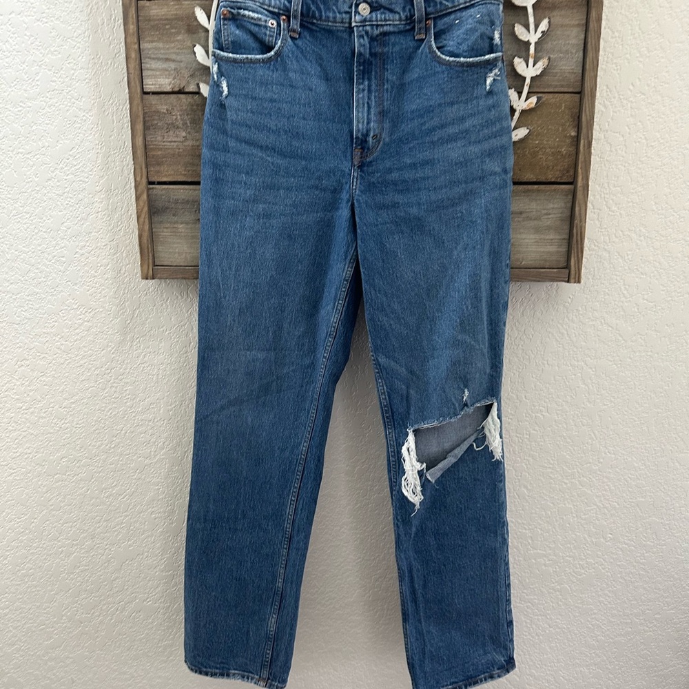 Abercrombie & Fitch 90’s Straight Ultra High Rise Blue Distressed Jeans 29 8 L